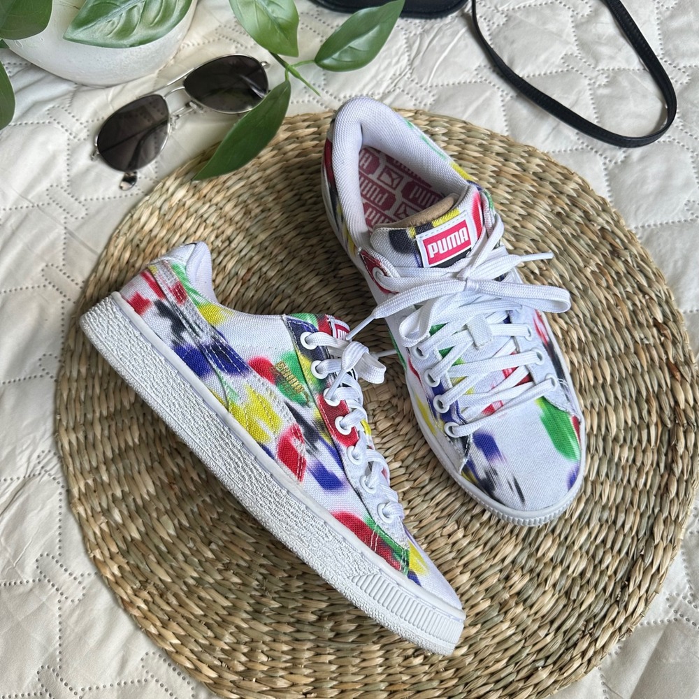 Puma Basket Canvas Multi-Color Paint Splatter Sneakers White Womens 6.5 US